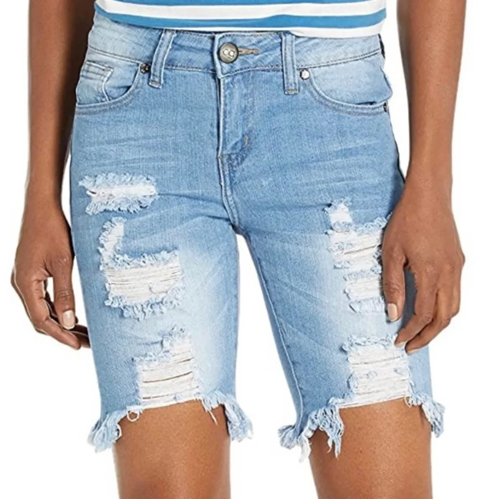 Cover Girl Distressed Denim Bermuda Jean Shorts High Waist Stretch Sz 11/12 EUC